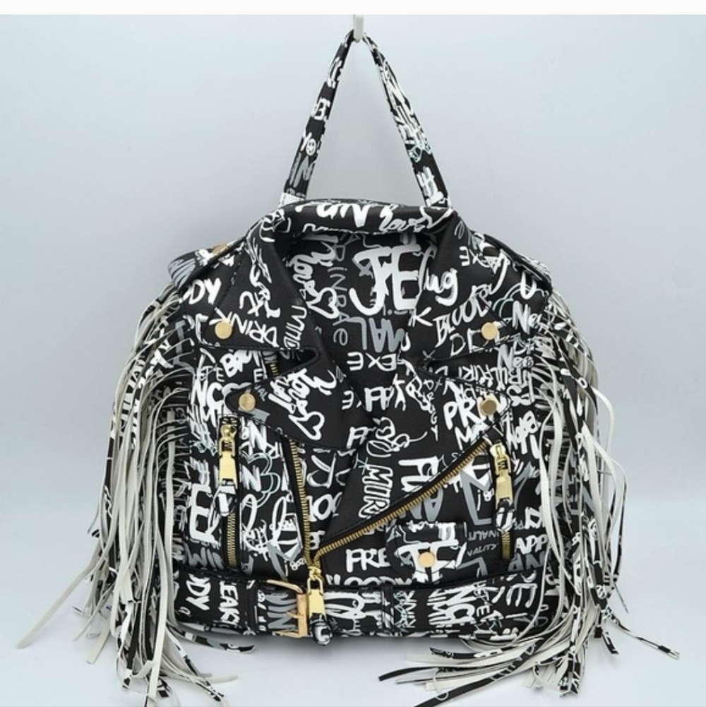 Black & White Graffiti Fringe Women’s Backpack Tote